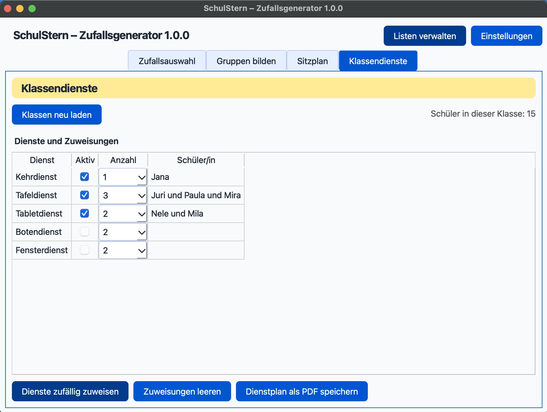 SchulStern Zufallsgenerator – Klassendienste